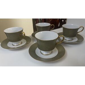 Set Of 4 Sango Versailles" 3632 Porcelain Footed Cup And Saucer Green/Gold-8 Pcs